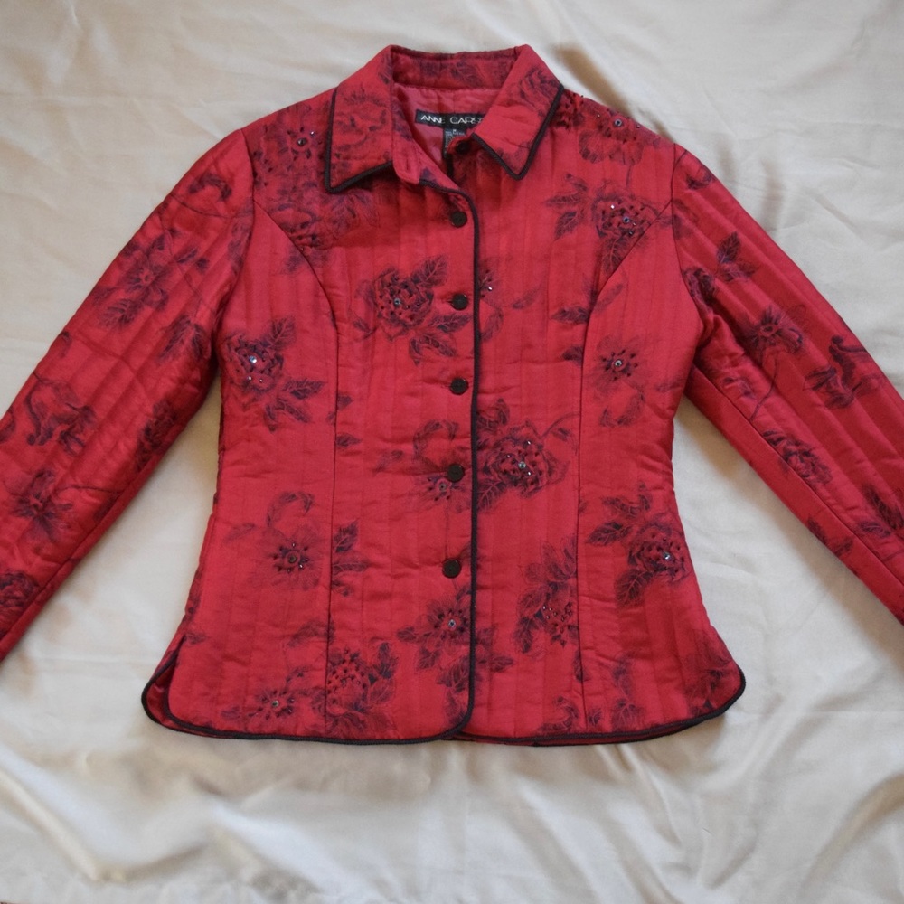 Vintage Anne Carson 100% Silk Women's Medium Red Quilted Puffer Jacket Beaded
